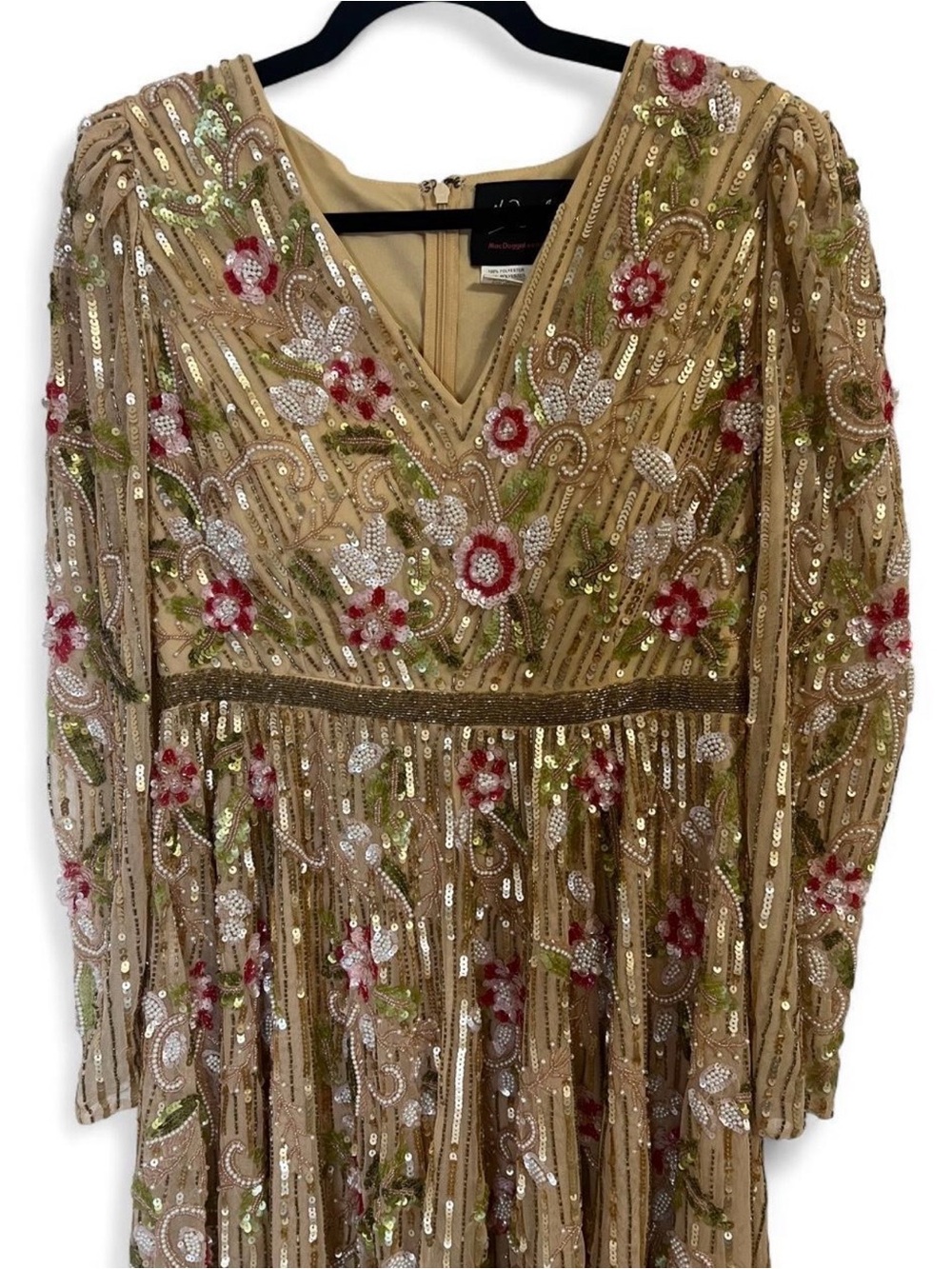 Mac Duggal Embellished V-Neck Floral Beaded Evening Dress in Tan, Pink & Green - Picture 2 of 9